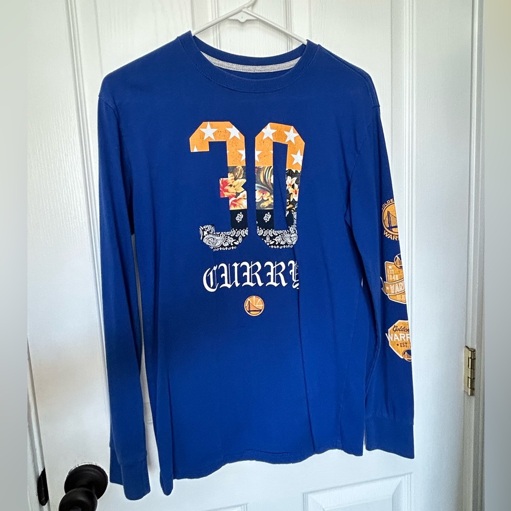 NBA Stephen Curry #30 Warriors Shirt, Small, Blue long sleeve